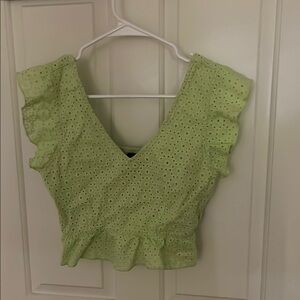 Green Eyelet Ruffle Sleeve Top